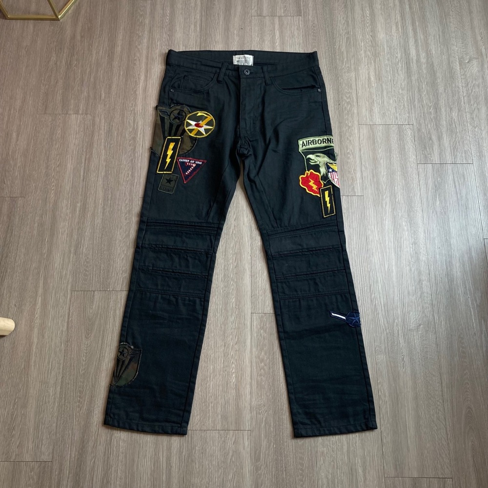 Smoke Rise Mens Black Military Patch Biker Jeans 34x32 Straight Leg Streetwear
